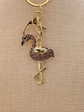 Purple Rhinestone Gold Tone Flamingo Keychain Bag Charm